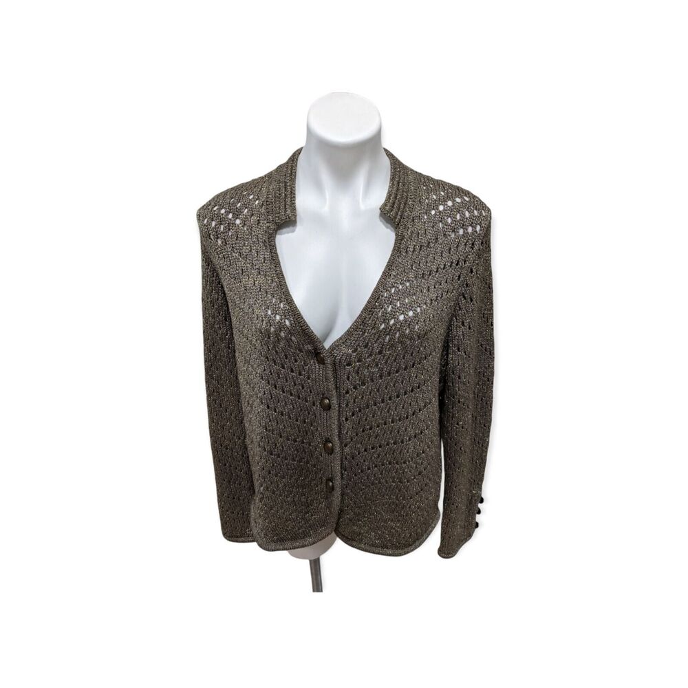 Chico's Womens Size 2 Large Sweater Jacket Metallic Gold Open Knit Button Down